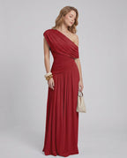 Veloura Maxi Dress by Lauven — stretch jersey sleeveless one-shoulder draped maxi dress