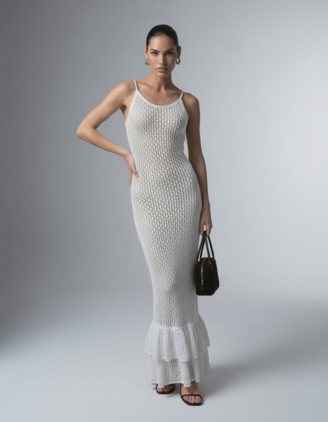 Pearl Maxi Dress by Lauven, elegant white hollow out bodycon maxi dress with ruffled hem.