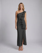 Veloura Maxi Dress by Lauven — chiffon sleeveless one-shoulder draped maxi dress