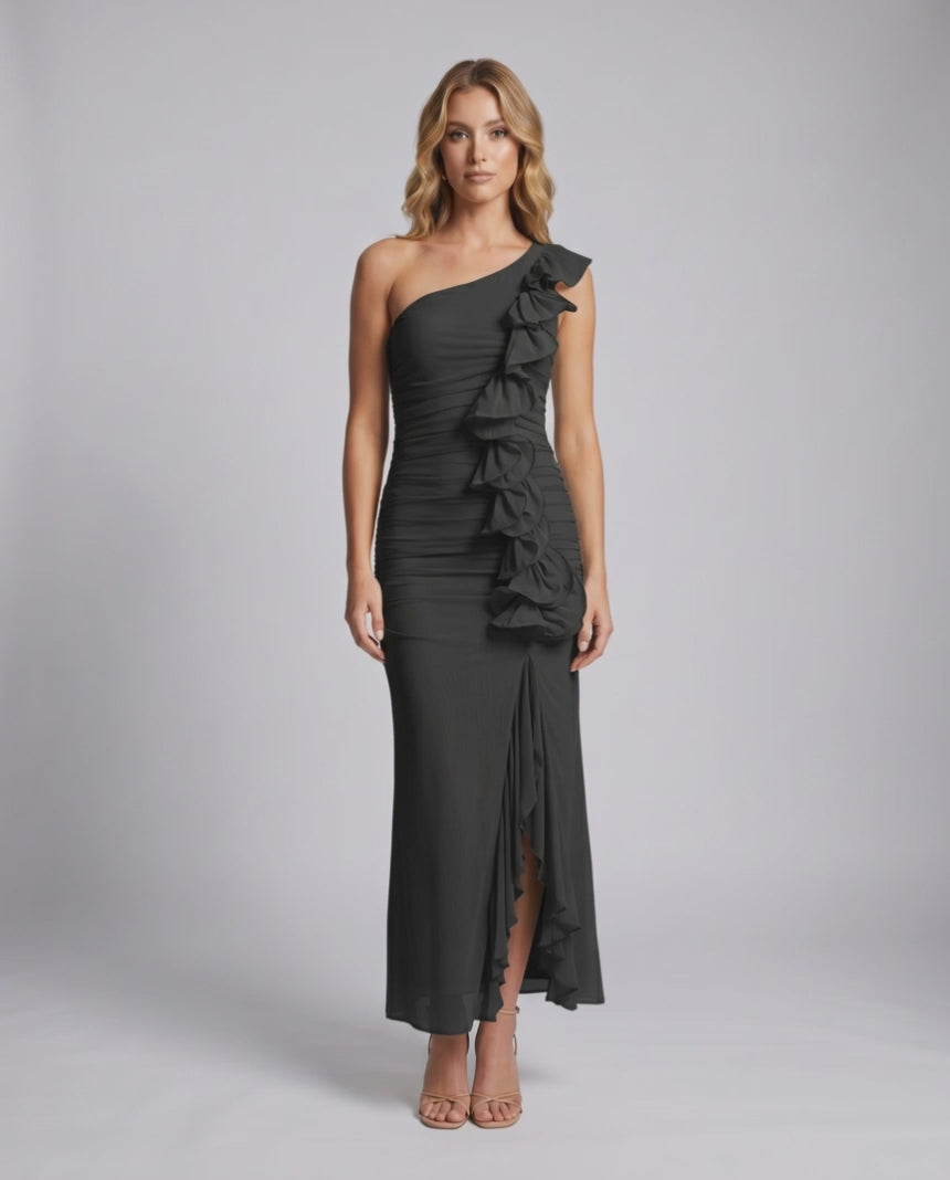 Veloura Maxi Dress by Lauven — chiffon sleeveless one-shoulder draped maxi dress