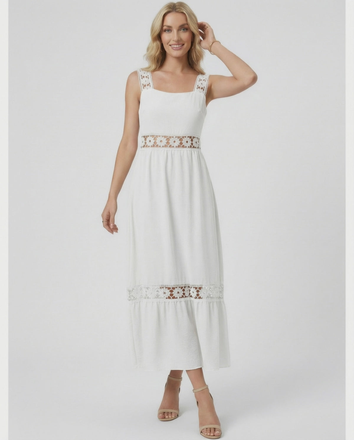 Lauven Seren Midi Dress features delicate lace insets perfect for spring and summer events.