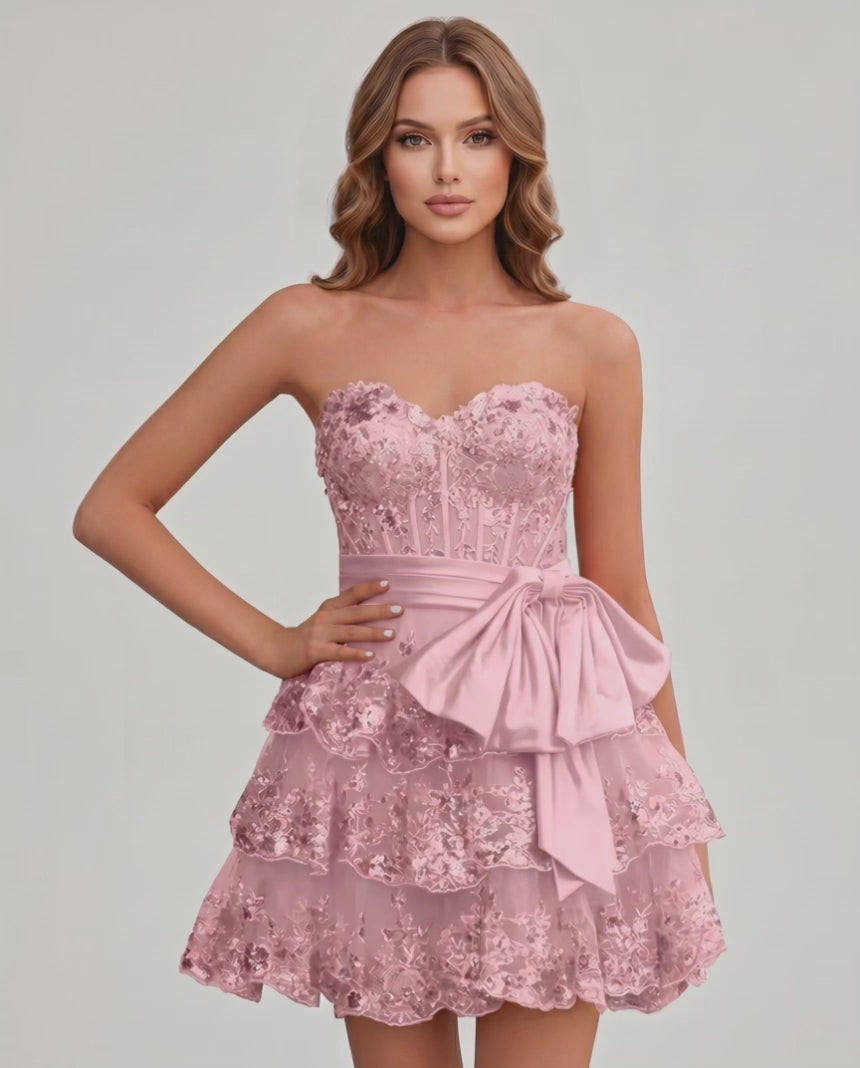 Veloura Mini Dress by Lauven — lace appliqué strapless sweetheart tiered mini dress