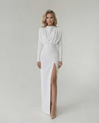 Liora Maxi Dress by Lauven - Elegant white fit and flare dress with high side slit and long sleeves.