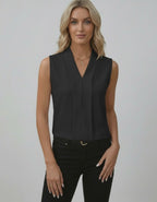 Noir Top – Elegant sleeveless V-neck black top from Lauven, perfect for versatile outfits and modern elegance.