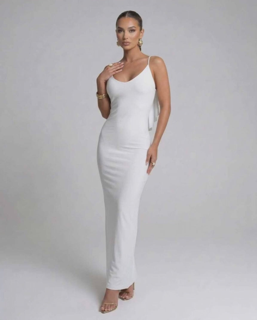 Seraphina Maxi Dress by Lauven in sleek white, featuring spaghetti straps and a modern silhouette.