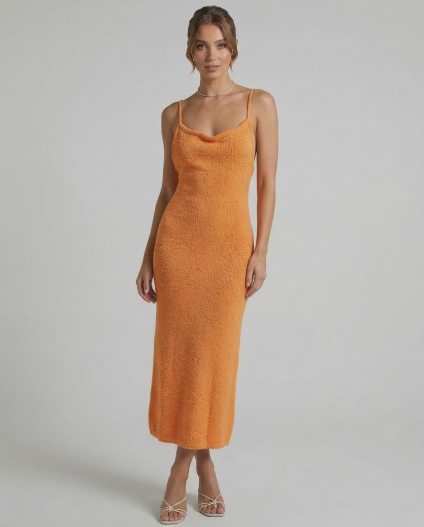 Valencia Midi Dress by Lauven in vibrant orange, featuring spaghetti straps and a flattering slim silhouette.