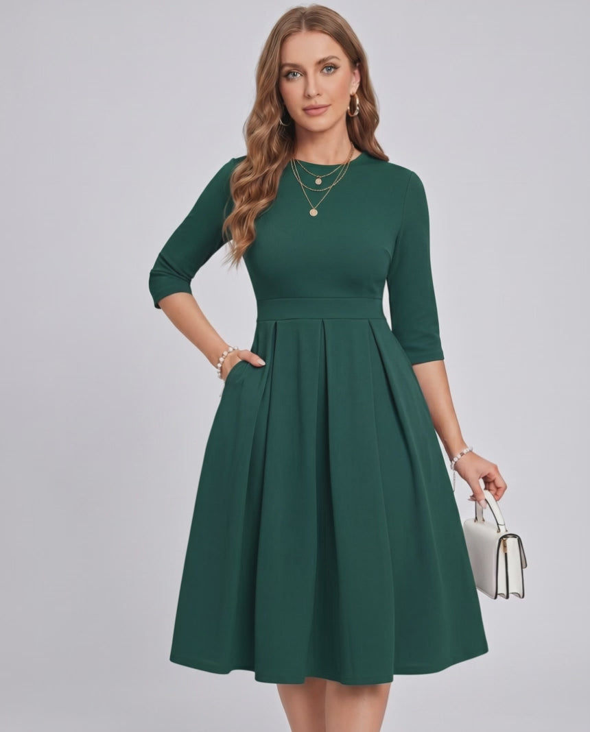 Aurielle Midi Dress by Lauven — polyester blend 3/4 sleeve crew neck A-line midi dress