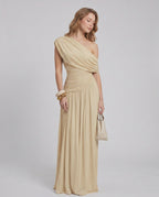Veloura Maxi Dress by Lauven — stretch jersey sleeveless one-shoulder draped maxi dress