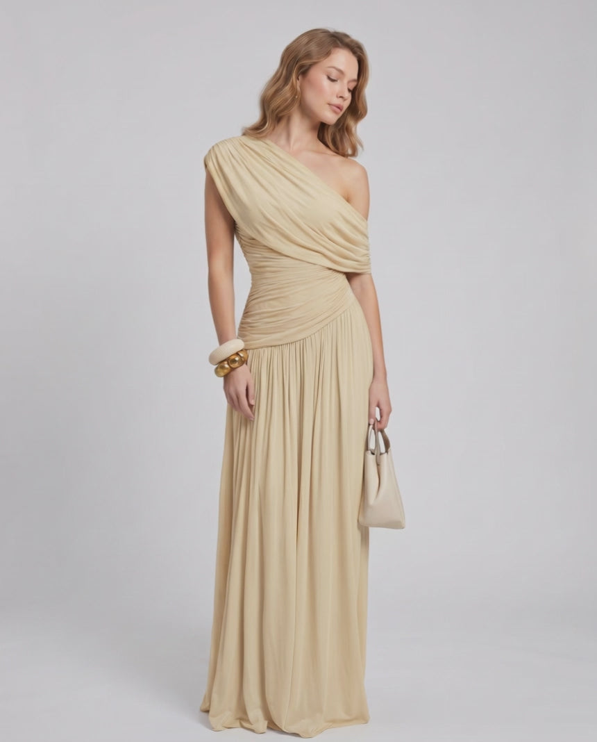 Veloura Maxi Dress by Lauven — stretch jersey sleeveless one-shoulder draped maxi dress