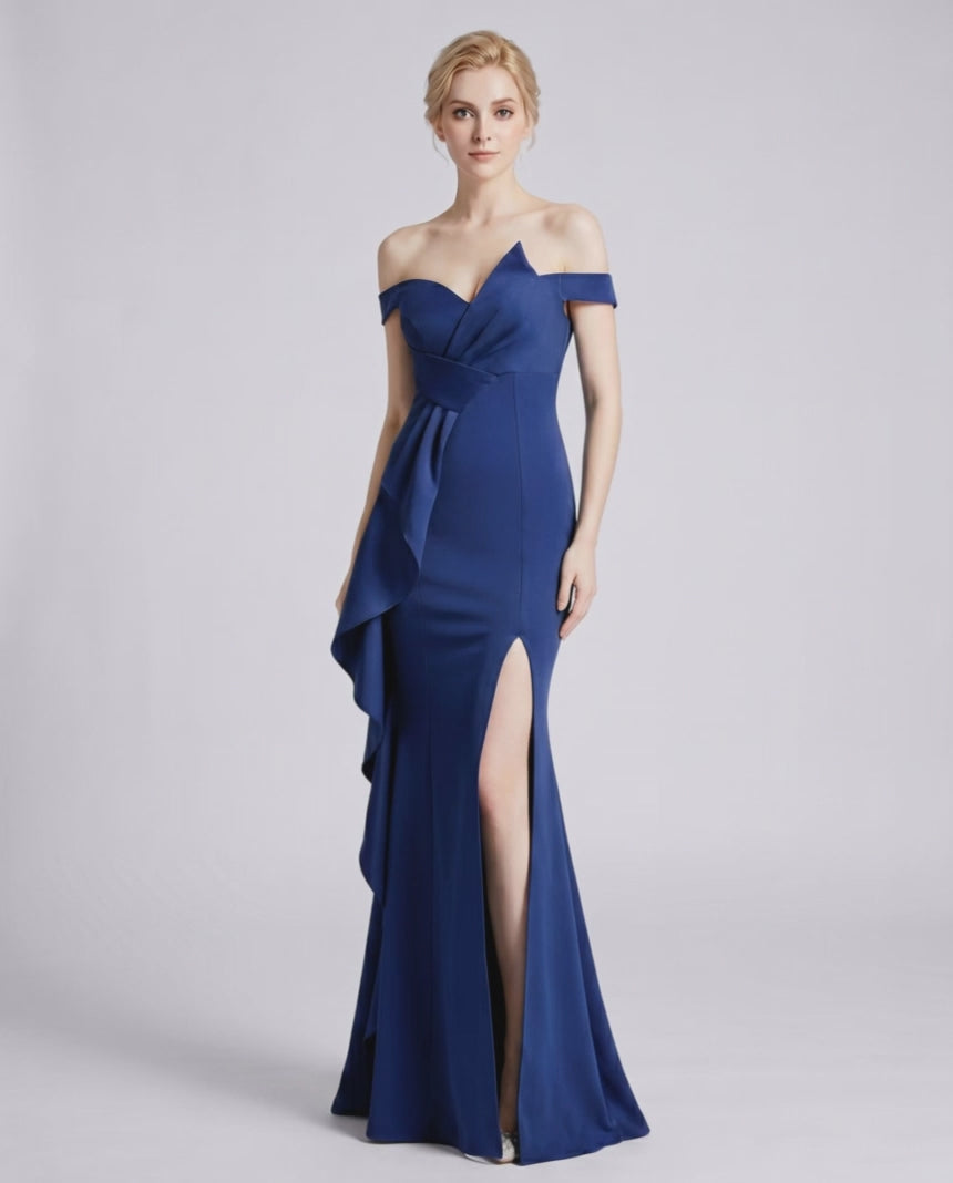 Veloura Maxi Dress by Lauven — polyester spandex off-the-shoulder mermaid maxi dress with slit