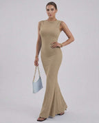 Alina Maxi Dress by Lauven, beige sleeveless ankle-length pencil dress showcasing a slim fit silhouette.