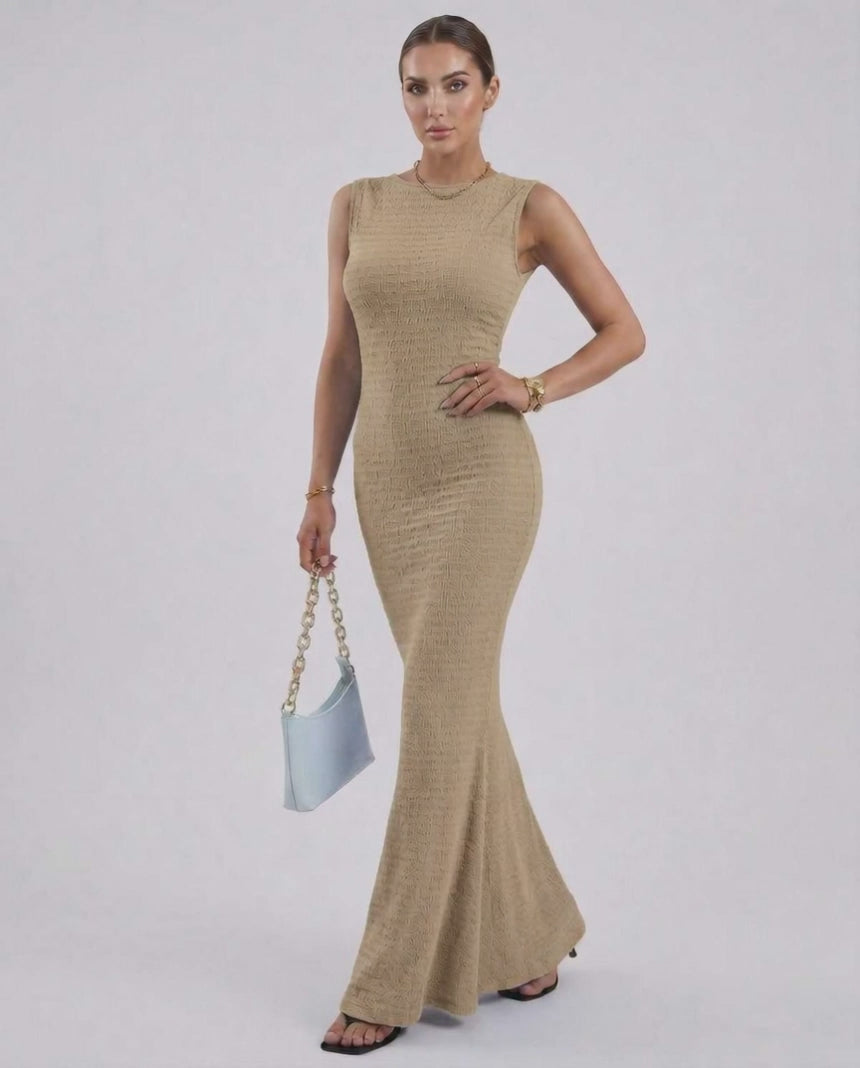 Alina Maxi Dress by Lauven, beige sleeveless ankle-length pencil dress showcasing a slim fit silhouette.