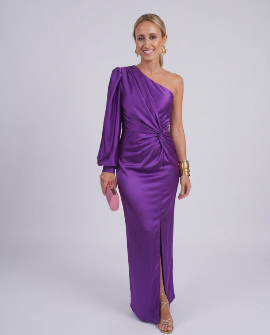 Veloura Maxi Dress by Lauven — satin one-shoulder long sleeve draped maxi dress