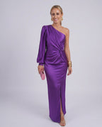 Veloura Maxi Dress by Lauven — satin one-shoulder long sleeve draped maxi dress