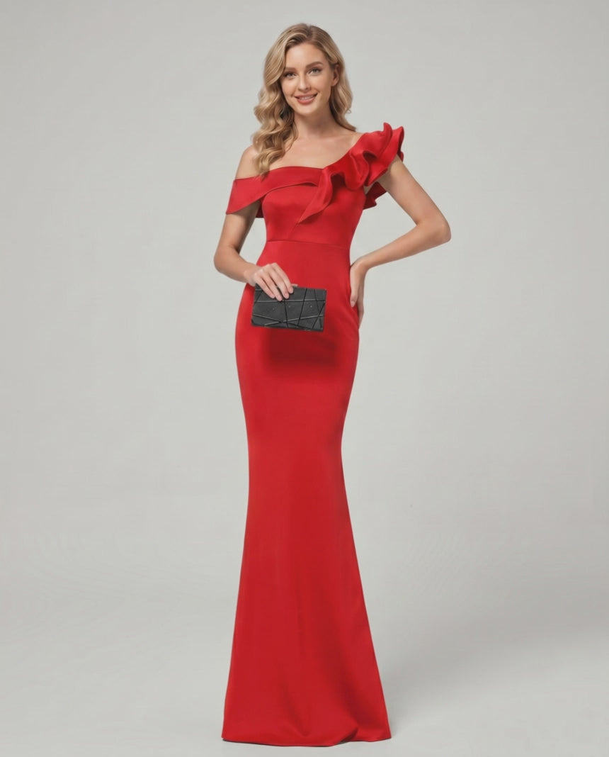 Velmora Maxi Dress featuring a mermaid silhouette, off-shoulder neckline, and ruffle detail by Lauven.