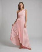 Aureline Maxi Dress by Lauven — pleated satin one shoulder A-line maxi dress with ruffle slit