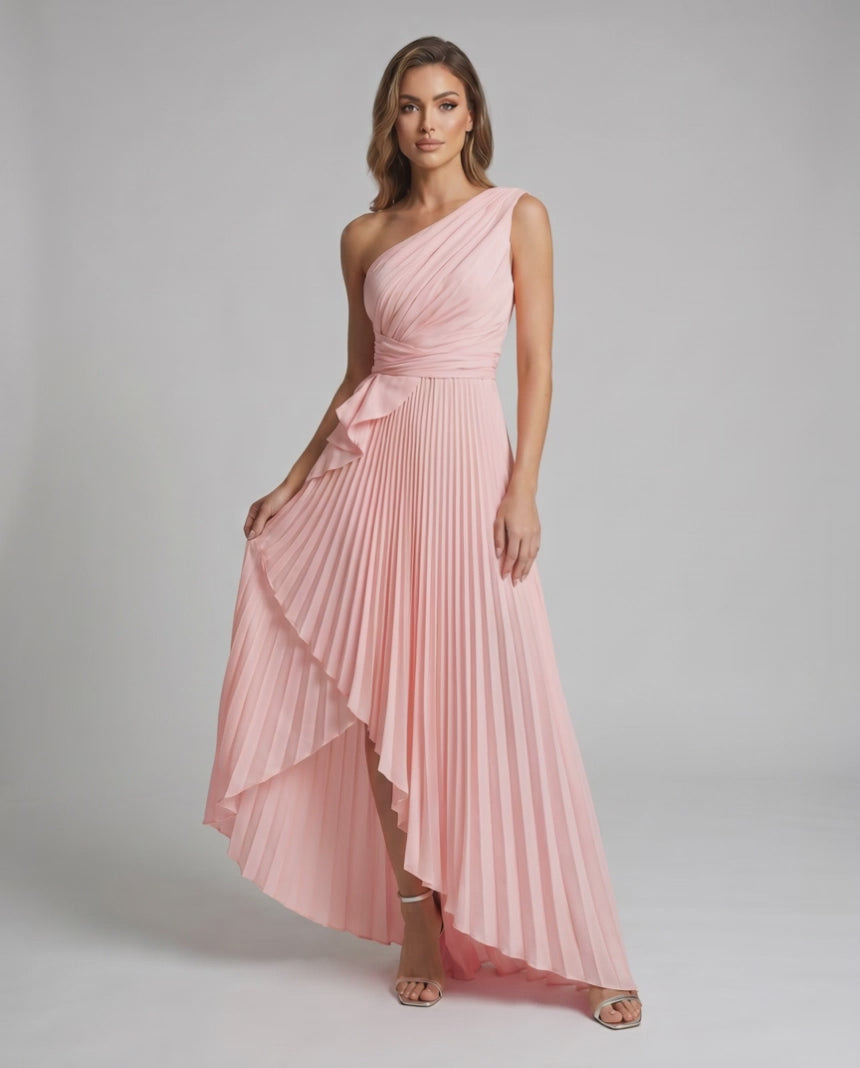Aureline Maxi Dress by Lauven — pleated satin one shoulder A-line maxi dress with ruffle slit