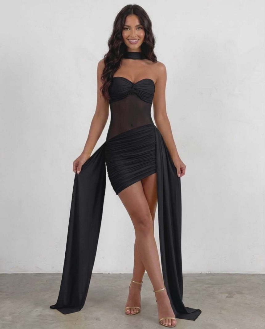 Veloura Mini Dress by Lauven — polyester strapless bodycon mini dress with draped detail