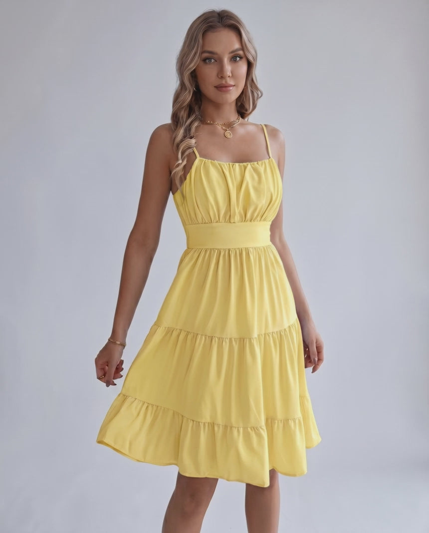 Lunara Midi Dress by Lauven — chiffon sleeveless square neck A-line midi dress
