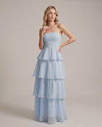 Serelune Maxi Dress by Lauven — chiffon strapless tiered A-line maxi dress