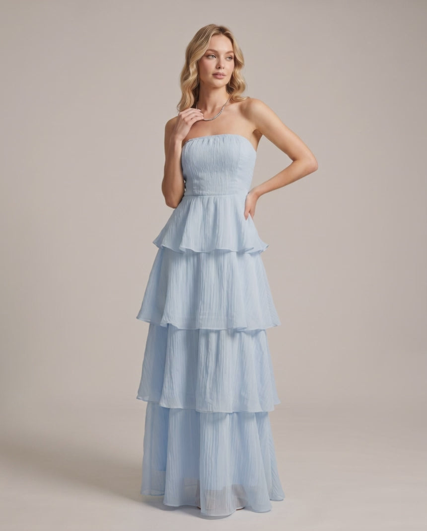 Serelune Maxi Dress by Lauven — chiffon strapless tiered A-line maxi dress