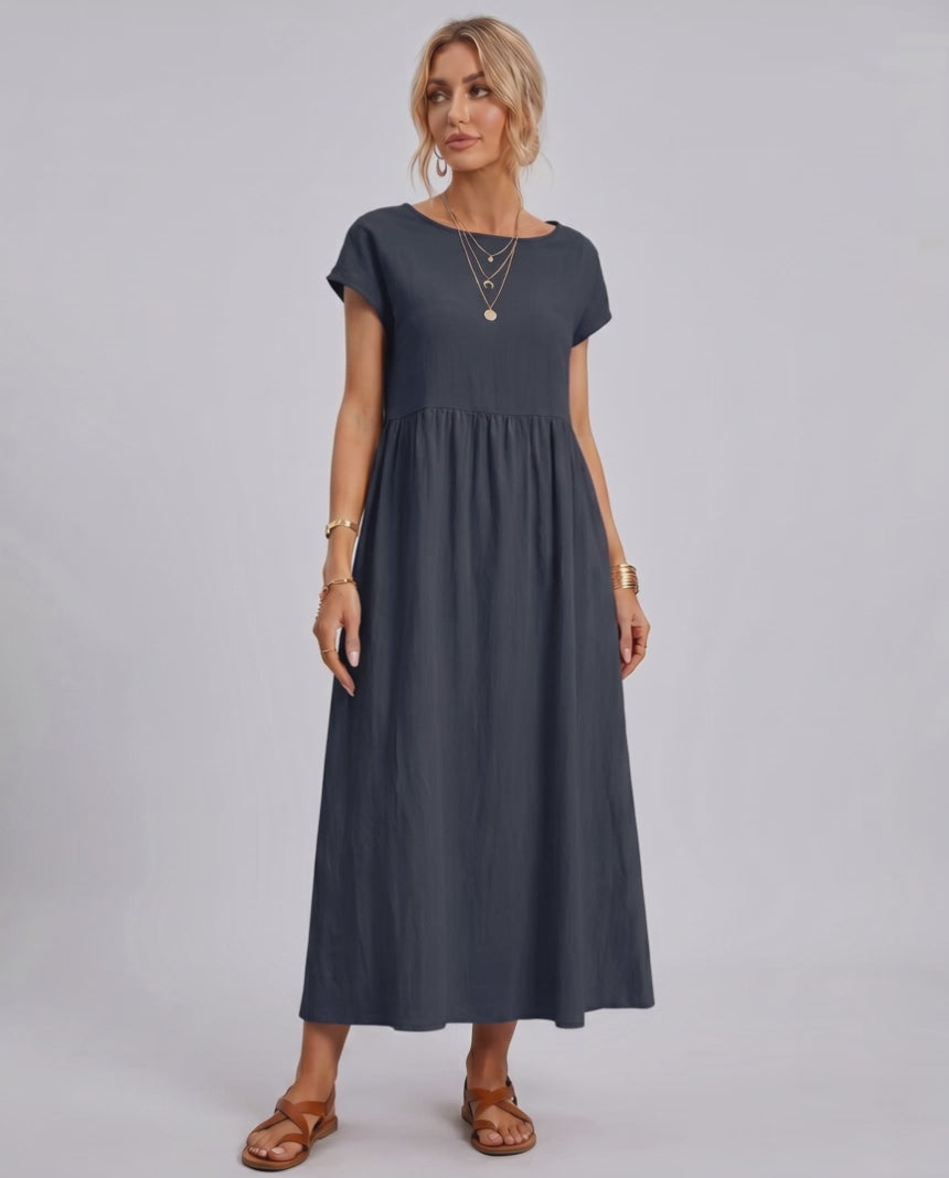 Solenne Midi Dress by Lauven — cotton linen short sleeve o-neck loose midi dress