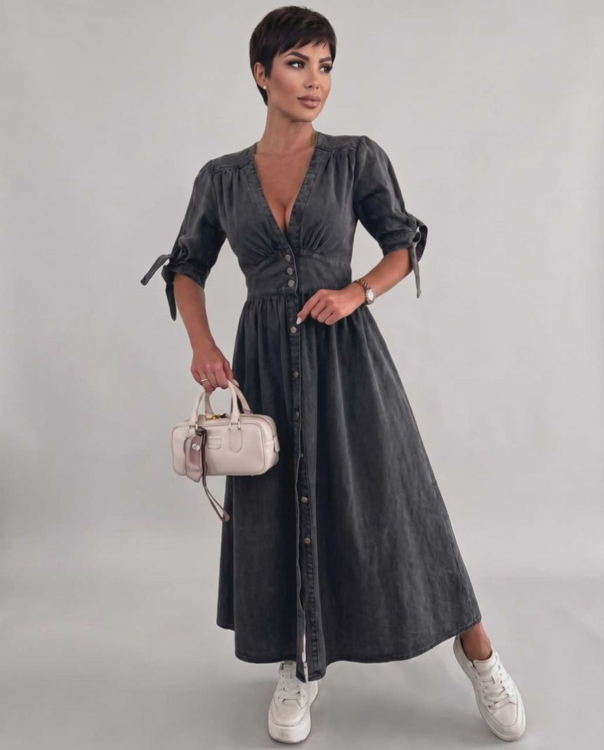 Eloria Midi Dress by Lauven — lightweight mid sleeve V-neck button front fit and flare midi dress