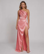 Veloura Maxi Dress by Lauven — satin one-shoulder mermaid maxi dress with slit