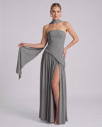 Aureline Maxi Dress by Lauven — chiffon strapless halter pleated maxi dress with slit