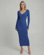 Maris Midi Dress - Elegant blue ribbed knit V-neck dress by Lauven, offering a flattering slim fit and stylish allure.