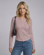 Arden Long Sleeve – Women’s long sleeve henley top in dusty rose, featuring button placket, by Lauven.