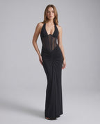 Velmira Maxi Dress featuring a halter neck, bodycon fit, and mesh paneling by Lauven, designed for elegance and comfort.