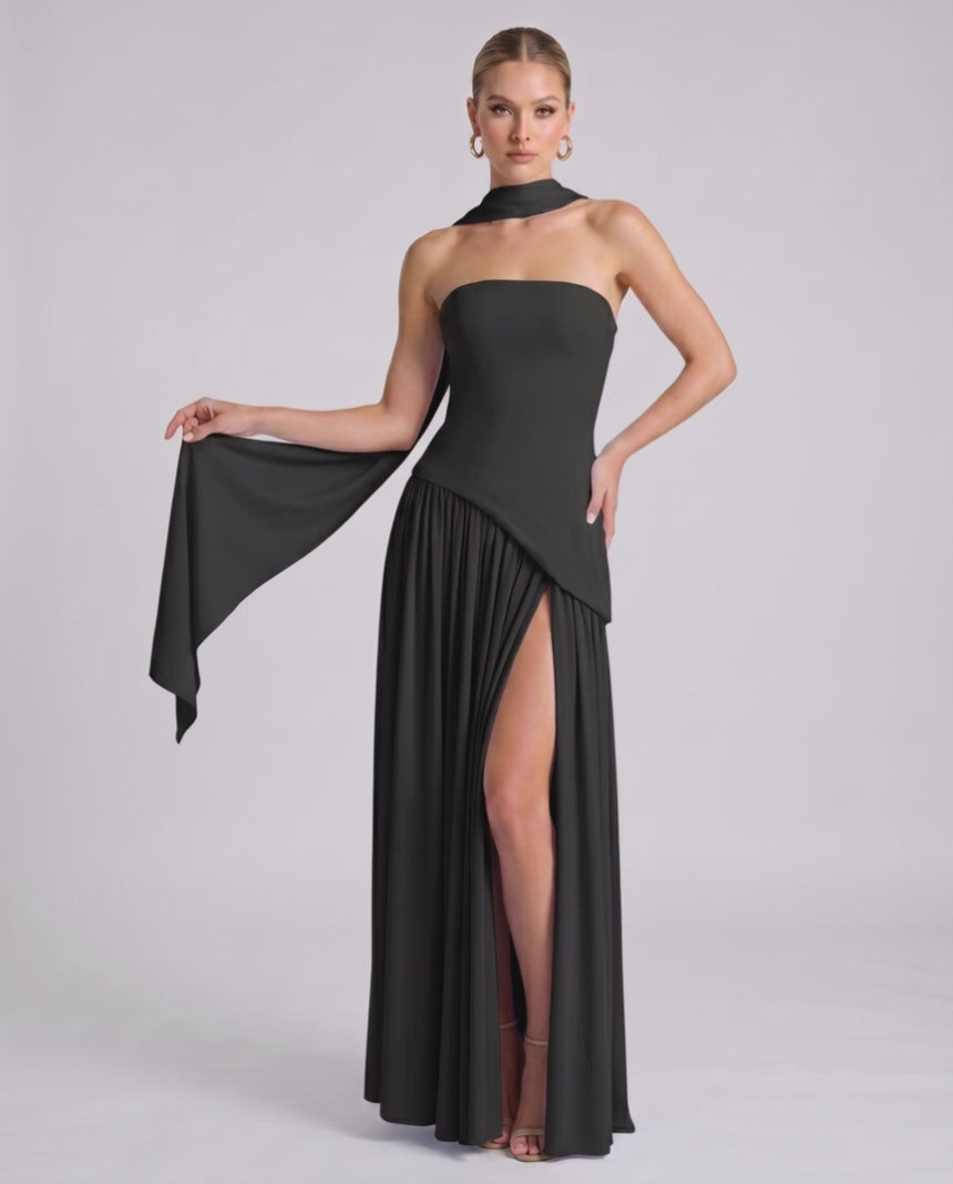 Aureline Maxi Dress by Lauven — chiffon strapless halter pleated maxi dress with slit