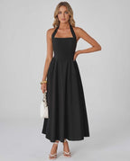 Veloura Midi Dress by Lauven — satin blend sleeveless square neck A-line midi dress
