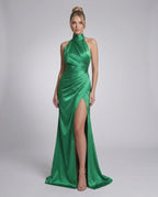 Veloura Maxi Dress by Lauven — satin sleeveless halter neck draped maxi dress