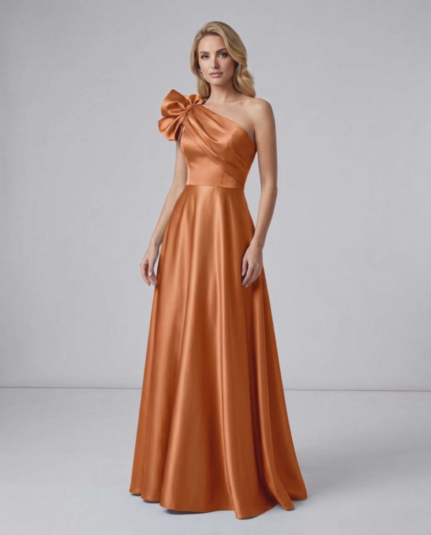 Aurevina Maxi Dress by Lauven — satin one shoulder A-line maxi dress with ruffle detail