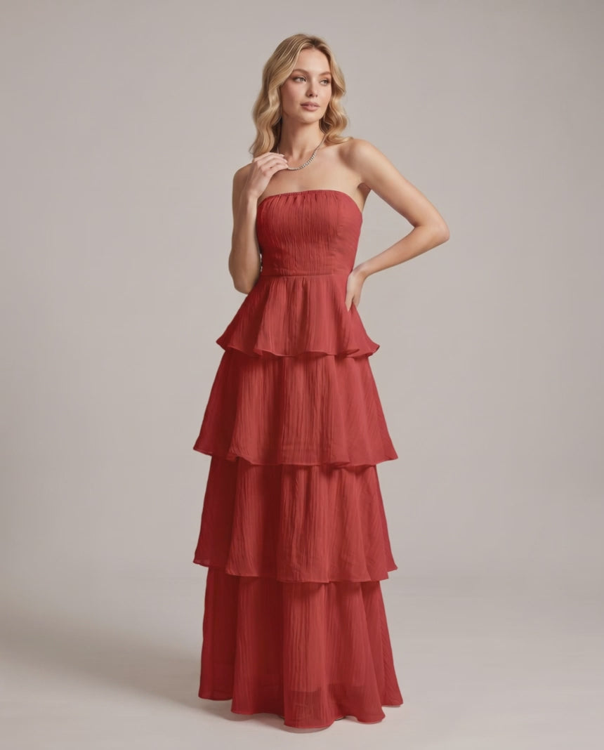 Serelune Maxi Dress by Lauven — chiffon strapless tiered A-line maxi dress
