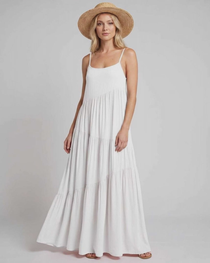 Solenne Maxi Dress by Lauven — rayon blend sleeveless scoop neck tiered A-line maxi dress