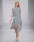 Seralyn Midi Dress by Lauven — halter sleeveless wrap midi dress with tie waist and front slit