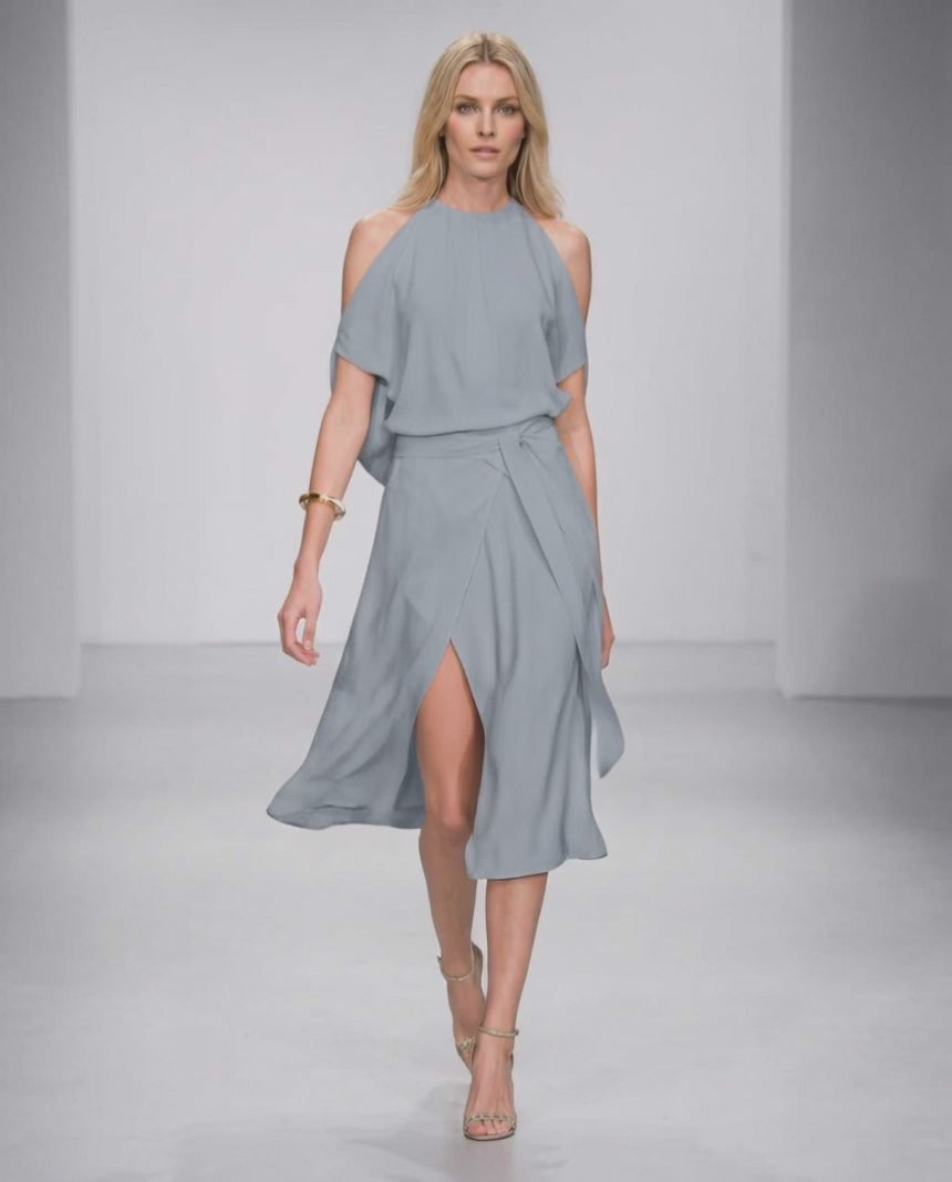 Seralyn Midi Dress by Lauven — halter sleeveless wrap midi dress with tie waist and front slit