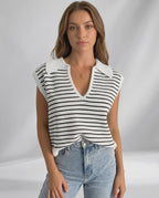 Solvane T-Shirt by Lauven — women’s ribbed striped T-shirt with lapel collar and V-neck knit design