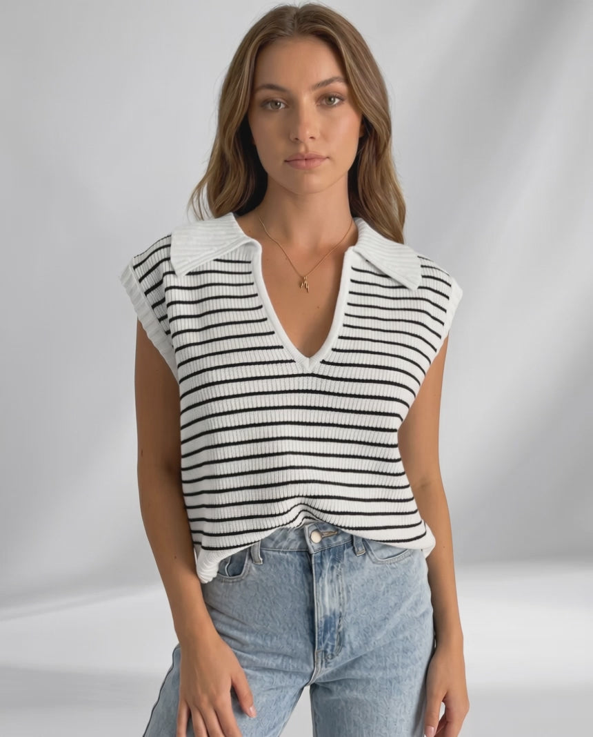 Solvane T-Shirt by Lauven — women’s ribbed striped T-shirt with lapel collar and V-neck knit design