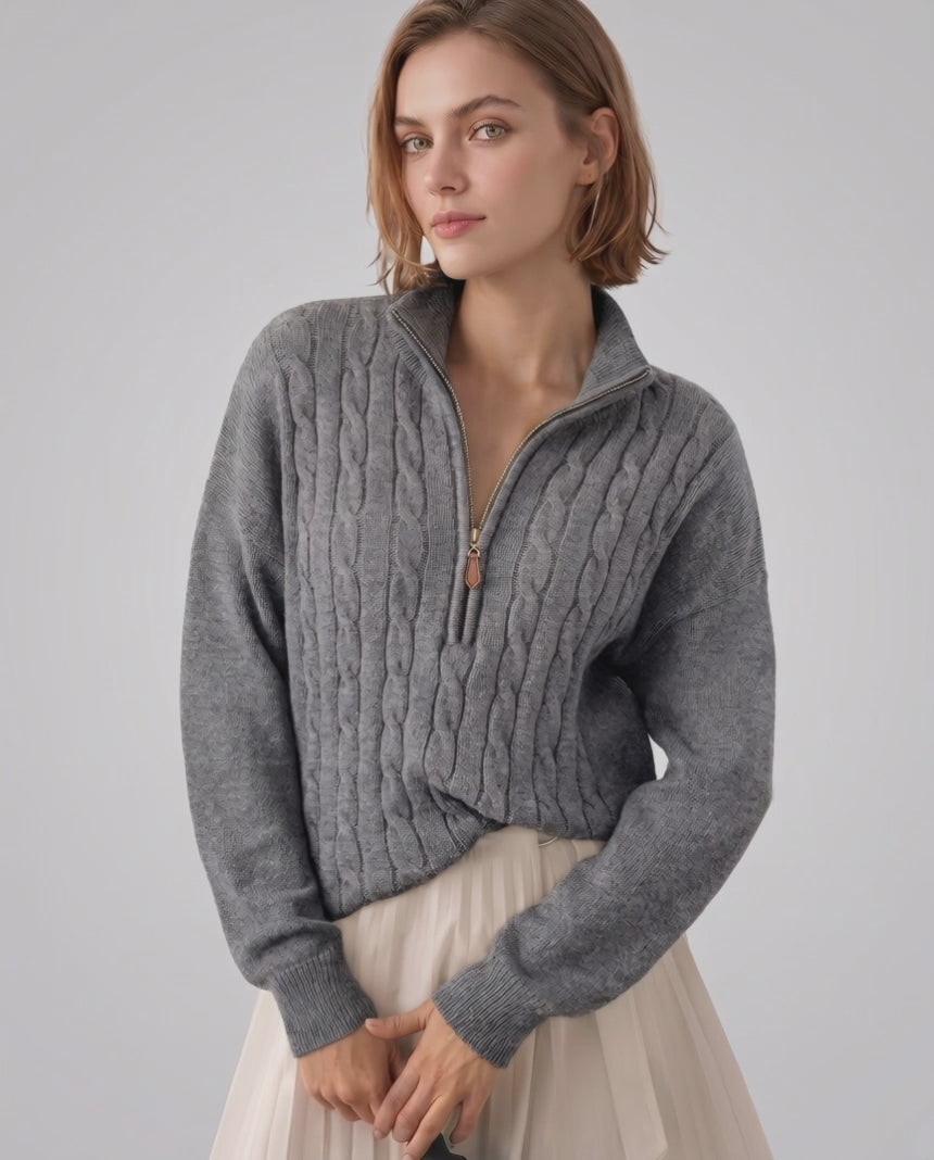 Veloura Sweater by Lauven — women’s cable knit half-zip sweater with ribbed texture and relaxed fit