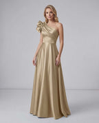 Aurevina Maxi Dress by Lauven — satin one shoulder A-line maxi dress with ruffle detail