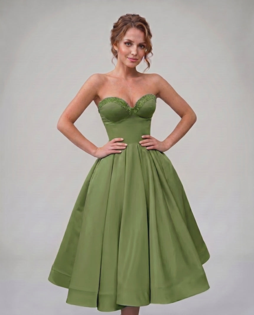 Veloura Midi Dress by Lauven — satin strapless sweetheart A-line midi dress