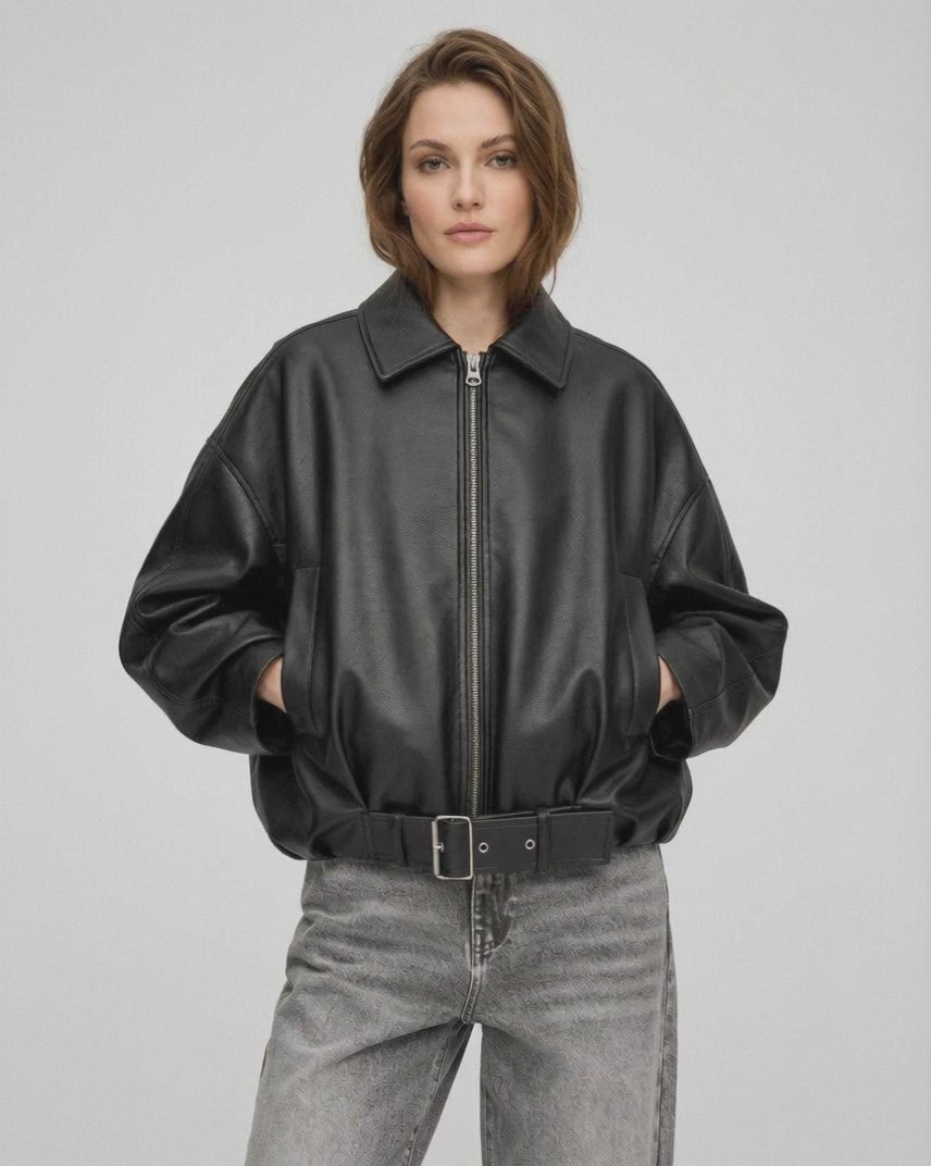 Black Belted Jacket by Lauven, women's oversized zip jacket with a leather-look finish and structured lapel collar.