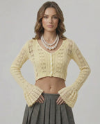Solene Cardigan in soft yellow with a cropped silhouette, openwork knit, V-neck, by Lauven for a fresh wardrobe update.