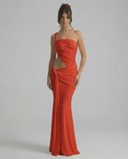 Sienna Maxi Dress - Red maxi dress with asymmetrical draping and backless silhouette by Lauven.