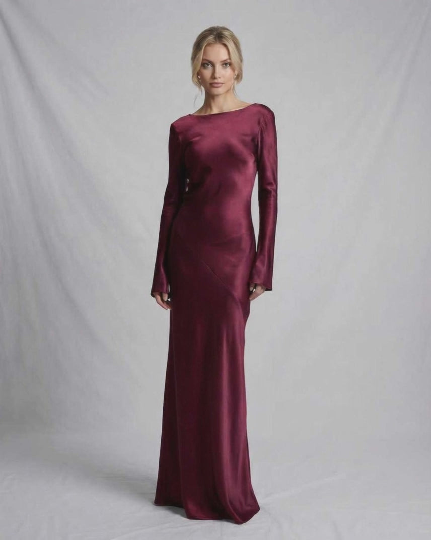 Vesper Maxi Dress in rich burgundy satin, featuring a slim fit silhouette and dramatic draped back by Lauven.