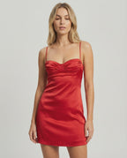 Lauven Orion Mini Dress in red satin with spaghetti straps, showcasing a sleek, bodycon silhouette.